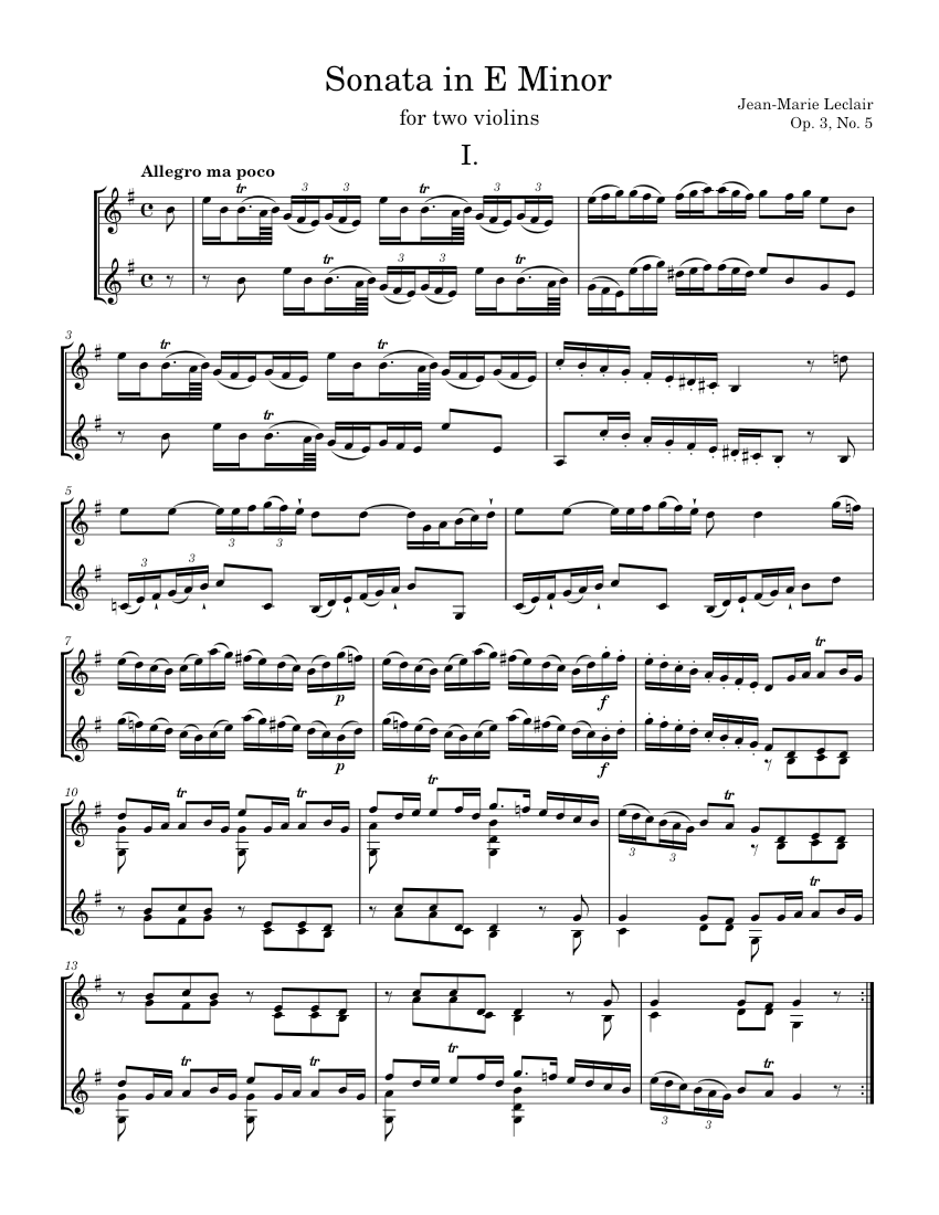 Sonata for Two Violins in E Minor - J.-M. Leclair, Op. 3, No. 5 Sheet ...