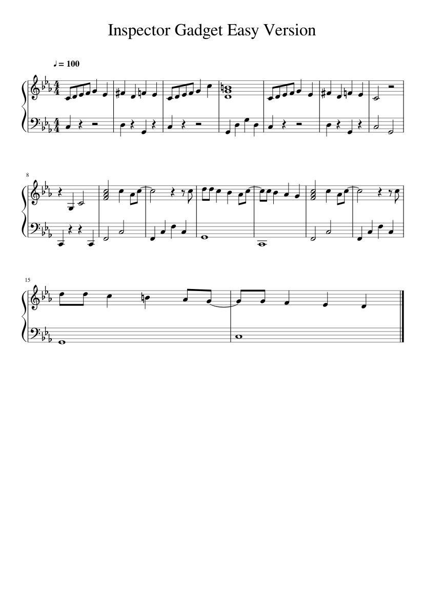 Inspector Gadget Easy Version Sheet Music For Piano Solo