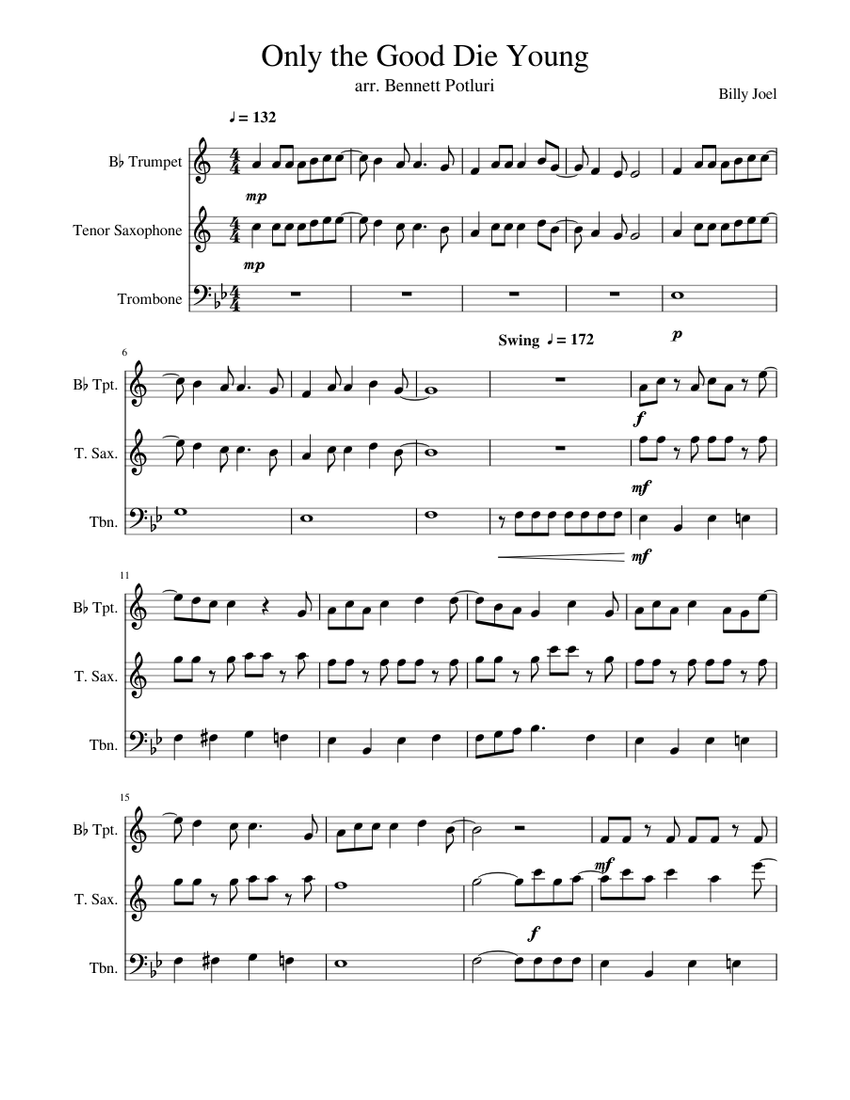 Only the Good Die Young Sheet music for Trombone, Saxophone tenor, Trumpet  in b-flat (Mixed Trio)