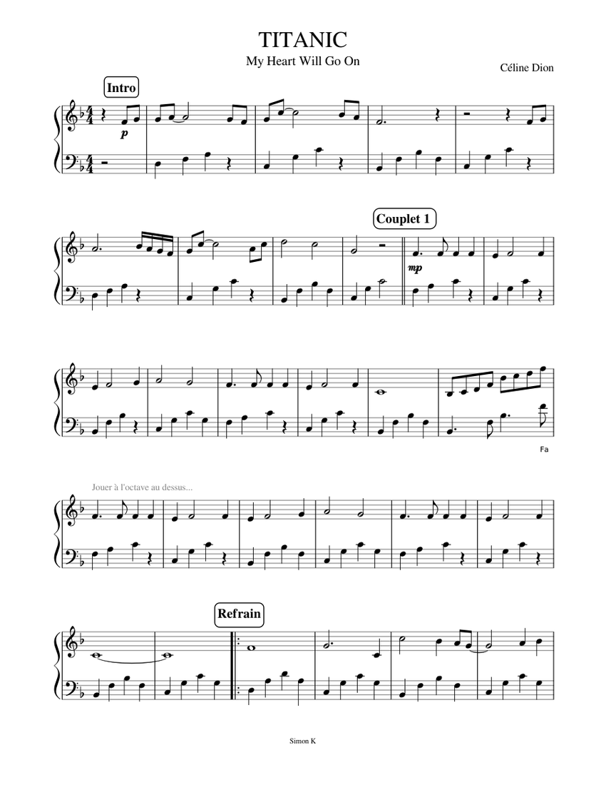 Easy Partition Piano Titanic - My Heart Will Go on Sheet music for Piano  (Solo) 