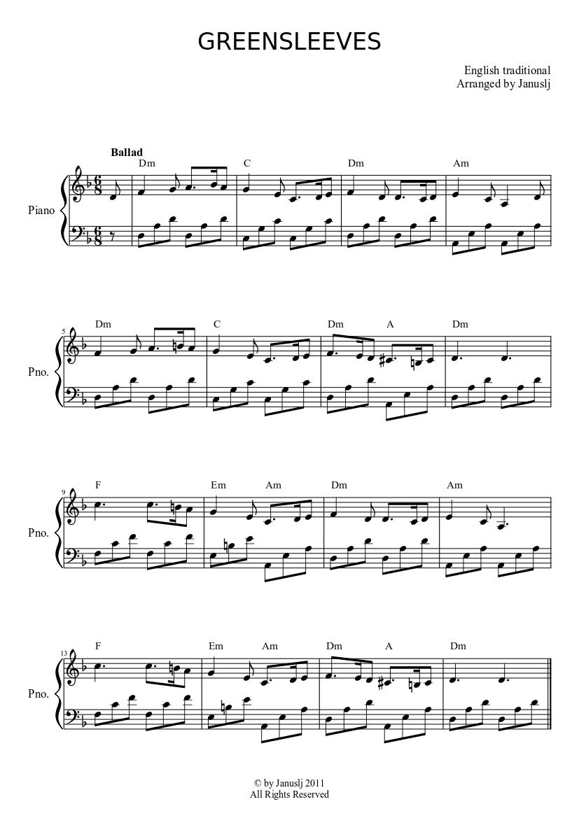Greensleeves Sheet music for Piano (Solo) Easy | Musescore.com