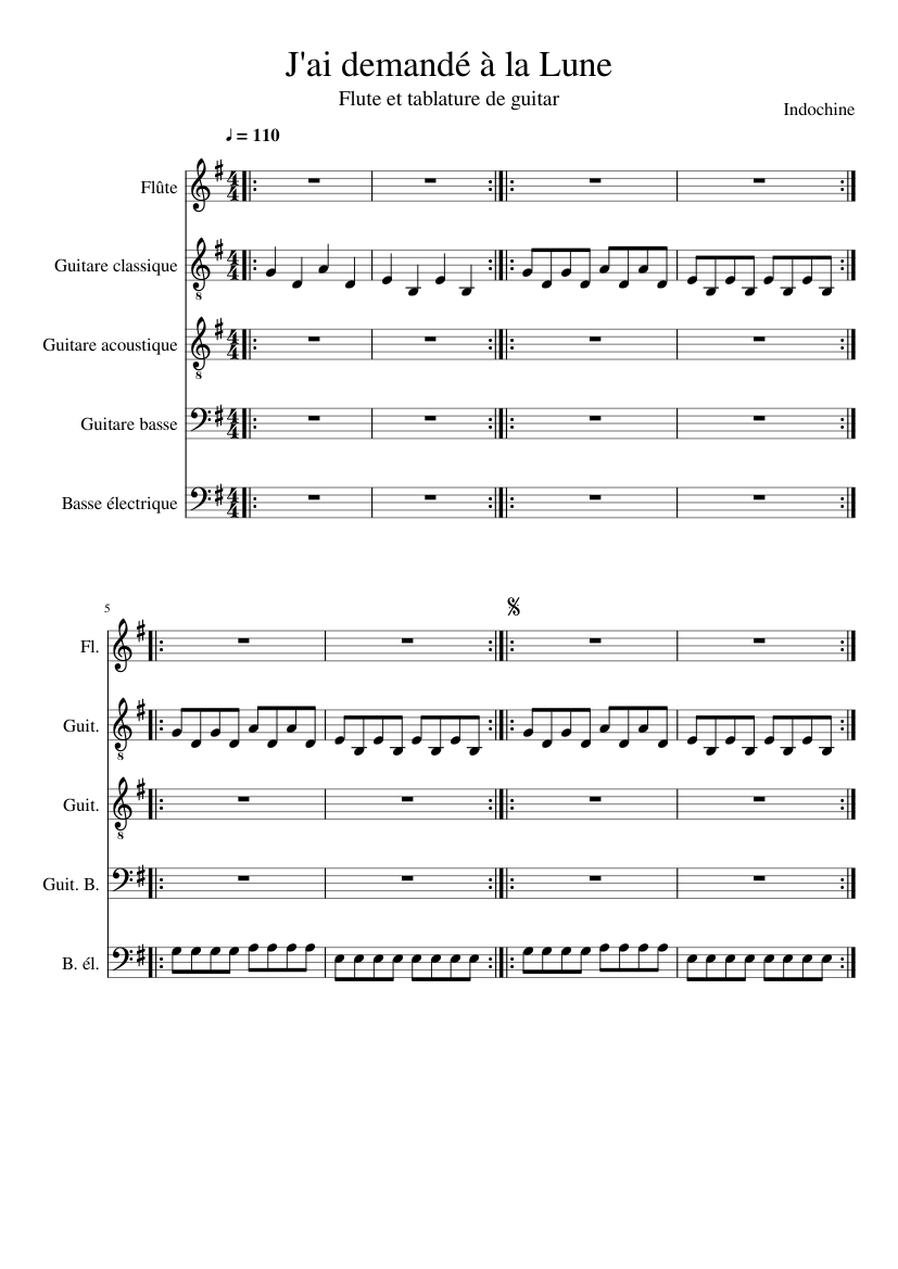 J'ai demandé à la lune Sheet music for Flute, Guitar, Bass guitar (Rock  band) | Musescore.com