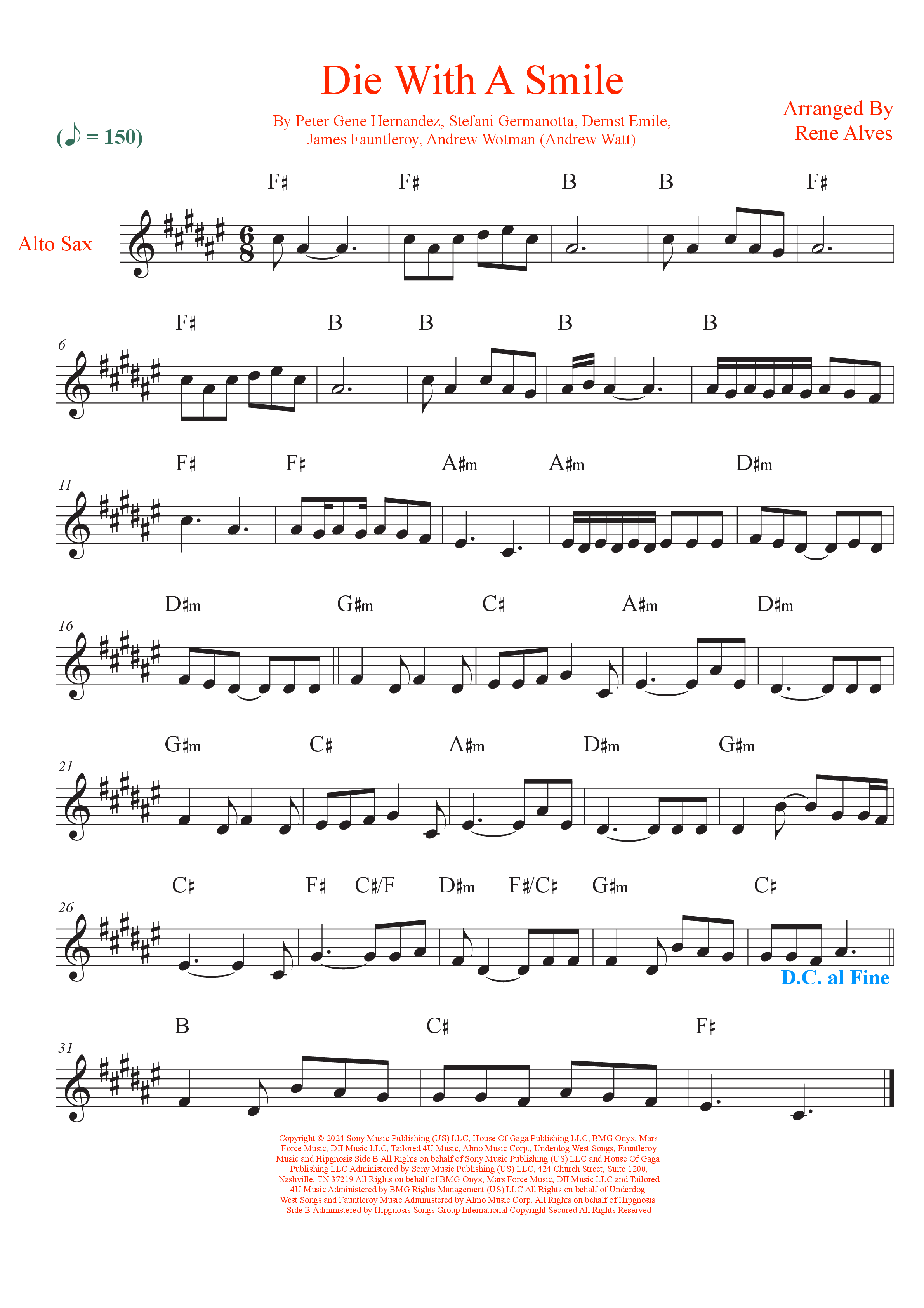 Die With A Smile の公式楽譜を演奏する by Lady Gaga, Bruno Mars
