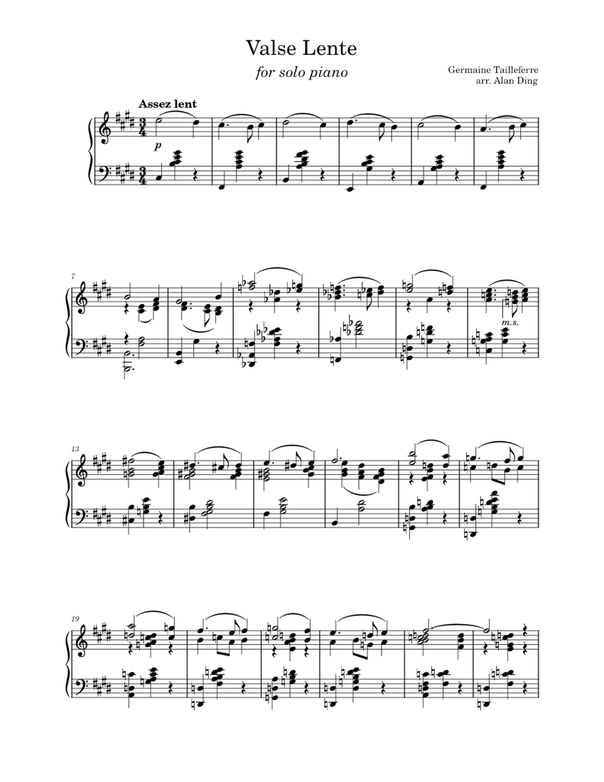 Valse Lente (from Deux Valses) – Germaine Tailleferre (arr. for solo piano) Sheet  music for Piano (Solo) | Musescore.com