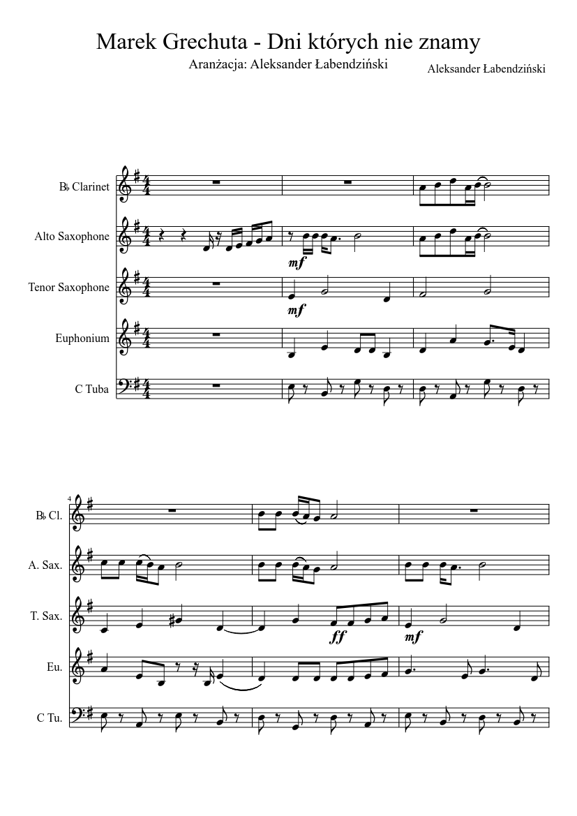 Marek Grechuta Dni Ktorych Nie Znamy Sheet Music For Tuba Clarinet Mixed Duet Musescore Com