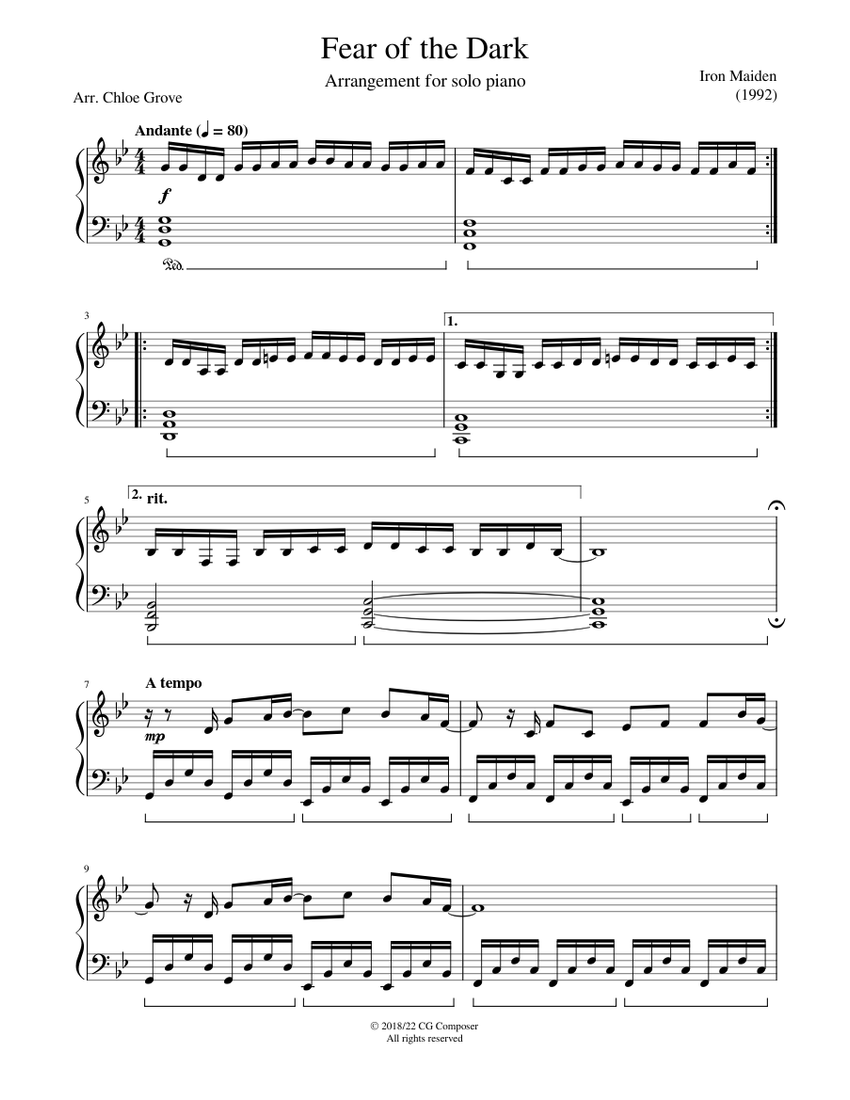 Fear of the dark – Iron Maiden Sheet music for Piano (Solo) | Musescore.com