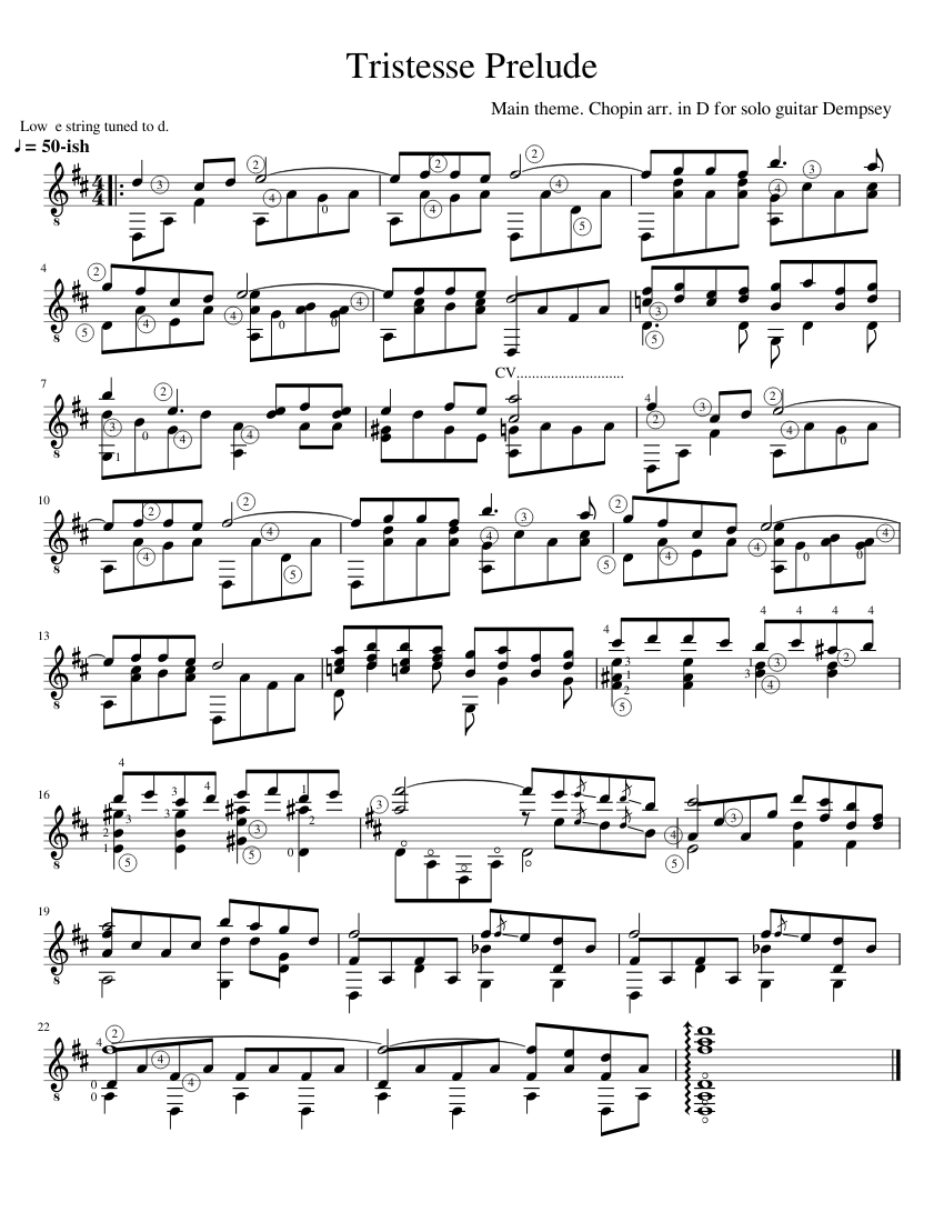 Tristesse Prelude: Main theme – Chopin, arr. solo guitar in D by G.Dempsey  Sheet music for Guitar (Solo) | Musescore.com