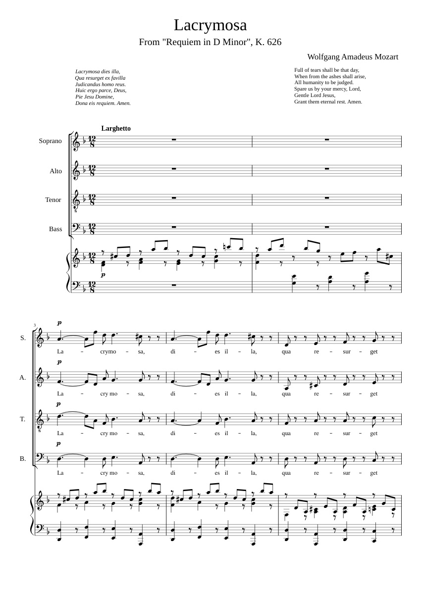 Mozart Lacrymosa from "Requiem" (SATB with piano) Sheet Music for Piano ...