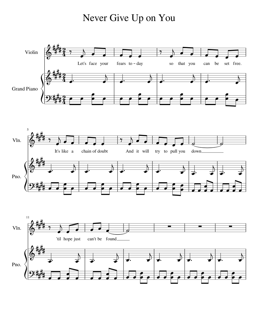 Never Give Up On You Sheet Music For Violin Piano Solo Musescore Com