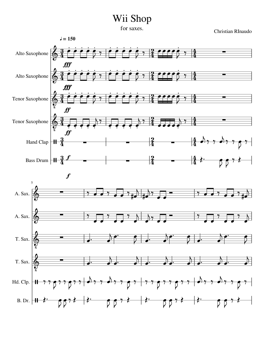 Wii Shop (for saxes) (WIP) Sheet music for Saxophone alto, Saxophone tenor,  Bass drum, Hand clap (Mixed Ensemble) | Musescore.com