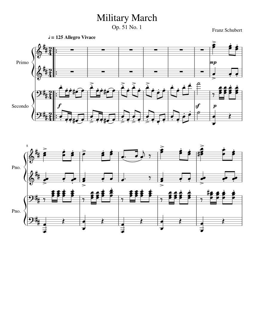 Franz Schubert - Military March Op. 51 No.1 Sheet music for Piano (Piano  Duo) | Musescore.com