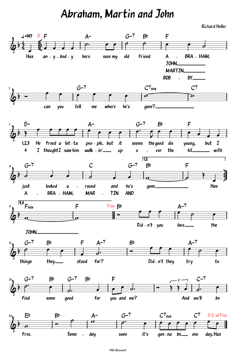 Abraham, Martin and John (Lead sheet with lyrics ) Sheet music for ...