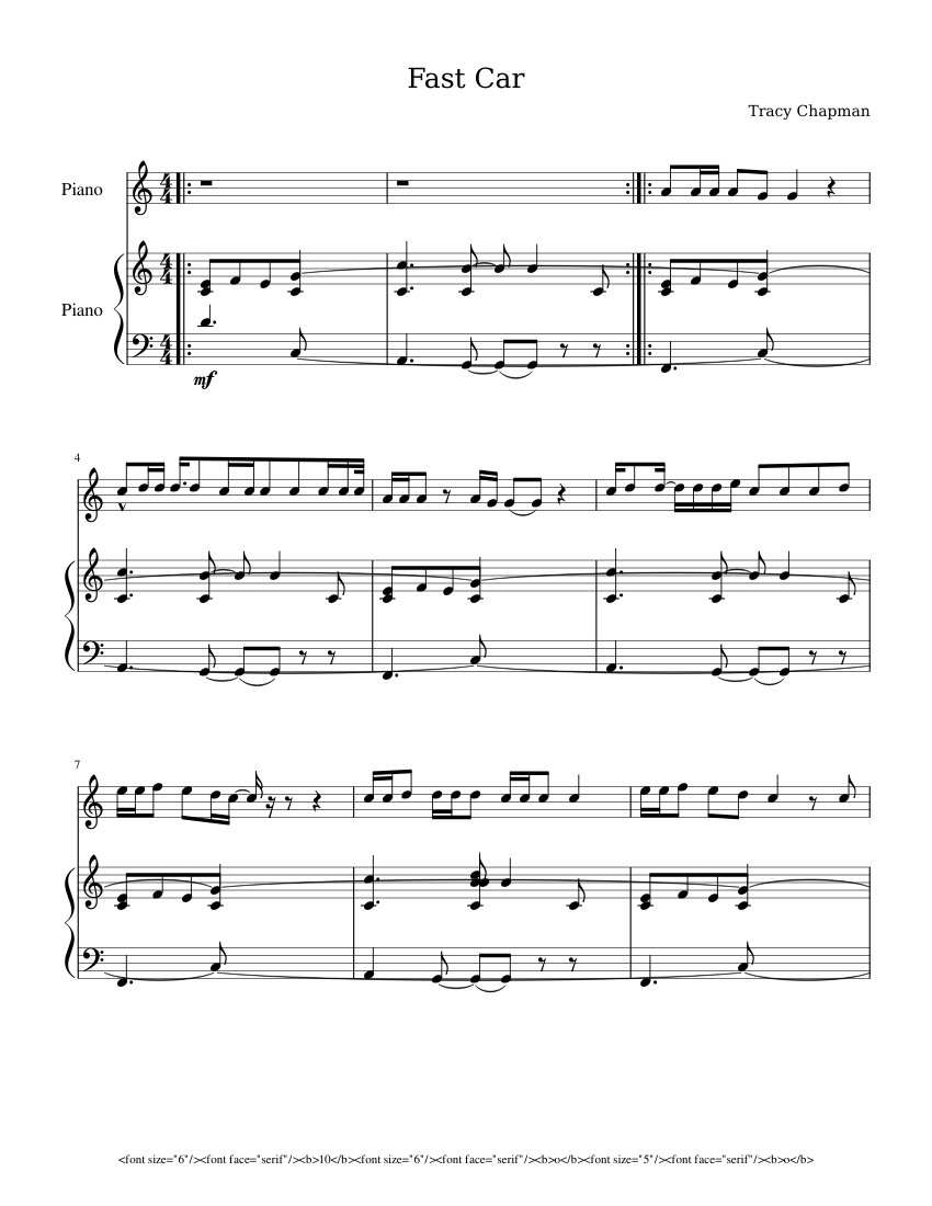 Tracy Chapman Fast Car REMIX JONAS BLUE transp Fmaj7 Sheet music for Piano ( Piano Duo) | Musescore.com