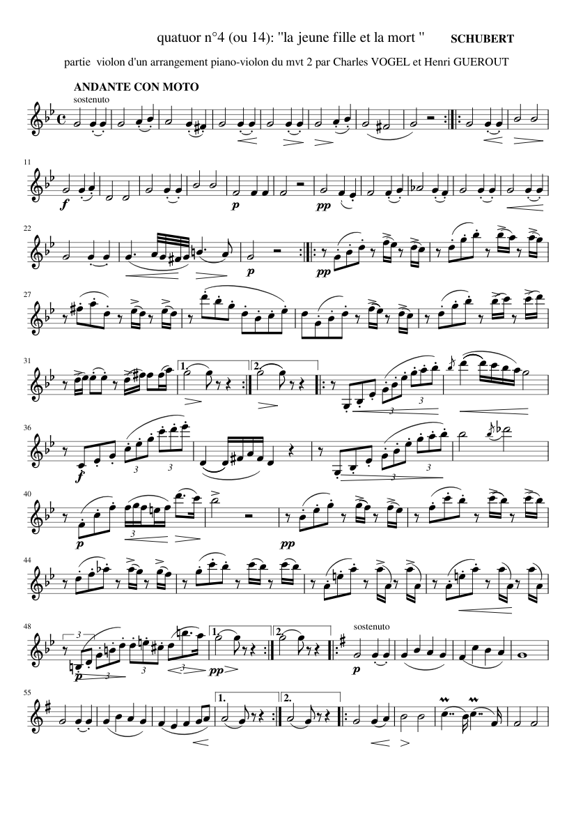 quatuor n°4 (ou 14): "la jeune fille et la mort " SCHUBERT arrangement piano-violon  du mvt2 Sheet music for Violin (Solo) | Musescore.com