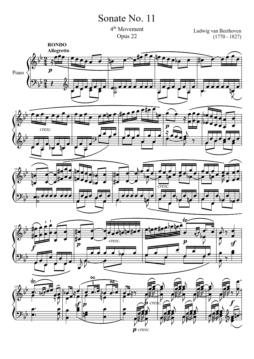 Sonate No. 11, 4th Movement Sheet Music for Piano (Solo