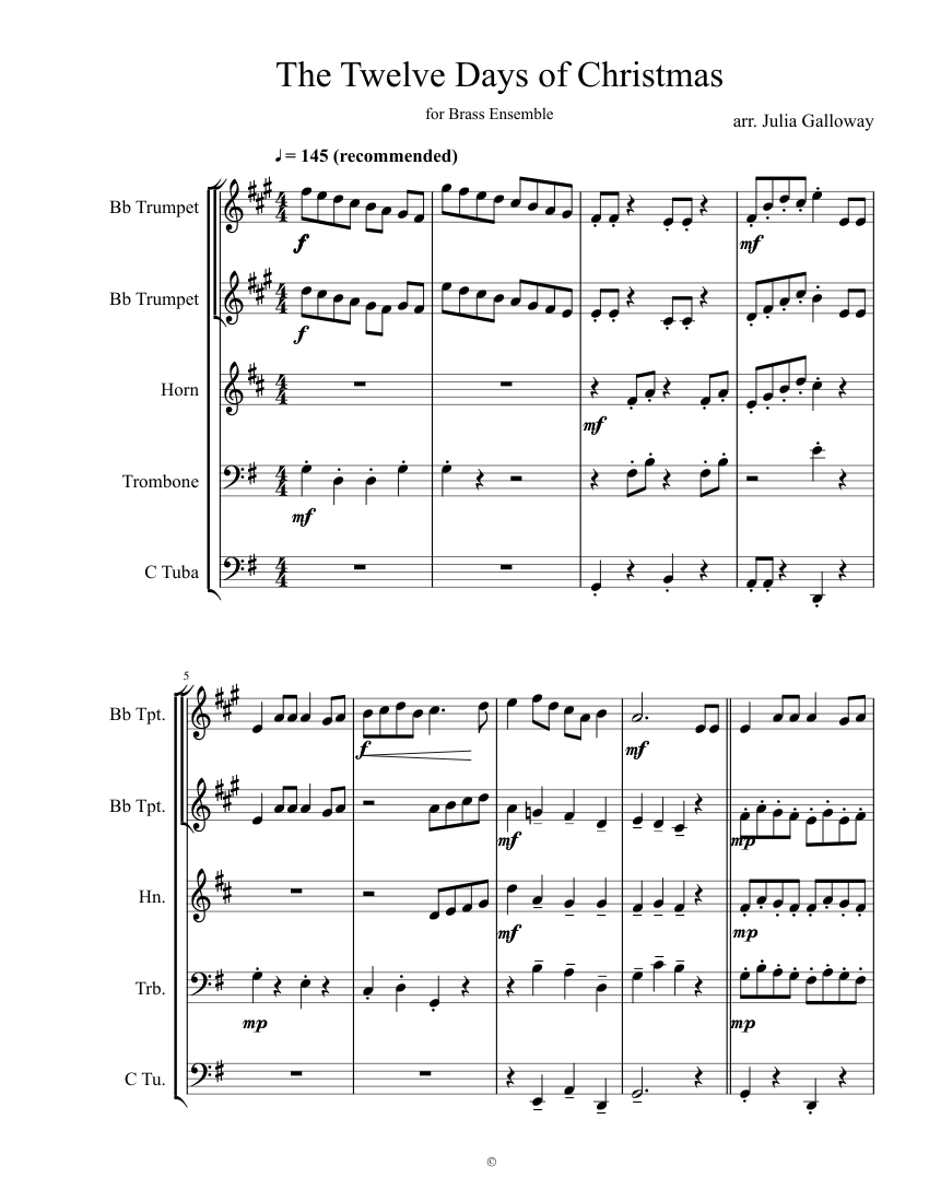 12 Days of Christmas (intermediate brass ensemble) Sheet Music for Trombone, Tuba, Trumpet other (Mixed Quartet) | MuseScore.com for Free Printable 12 Days Of Christmas Sheet Music
