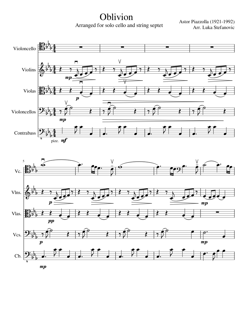 Oblivion- for solo cello and string septet Sheet music for Contrabass, Cello,  Strings group (Mixed Ensemble) | Musescore.com