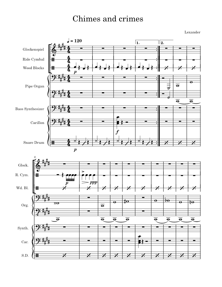 Chimes and crimes Sheet music for Organ, Glockenspiel, Snare drum, Bass