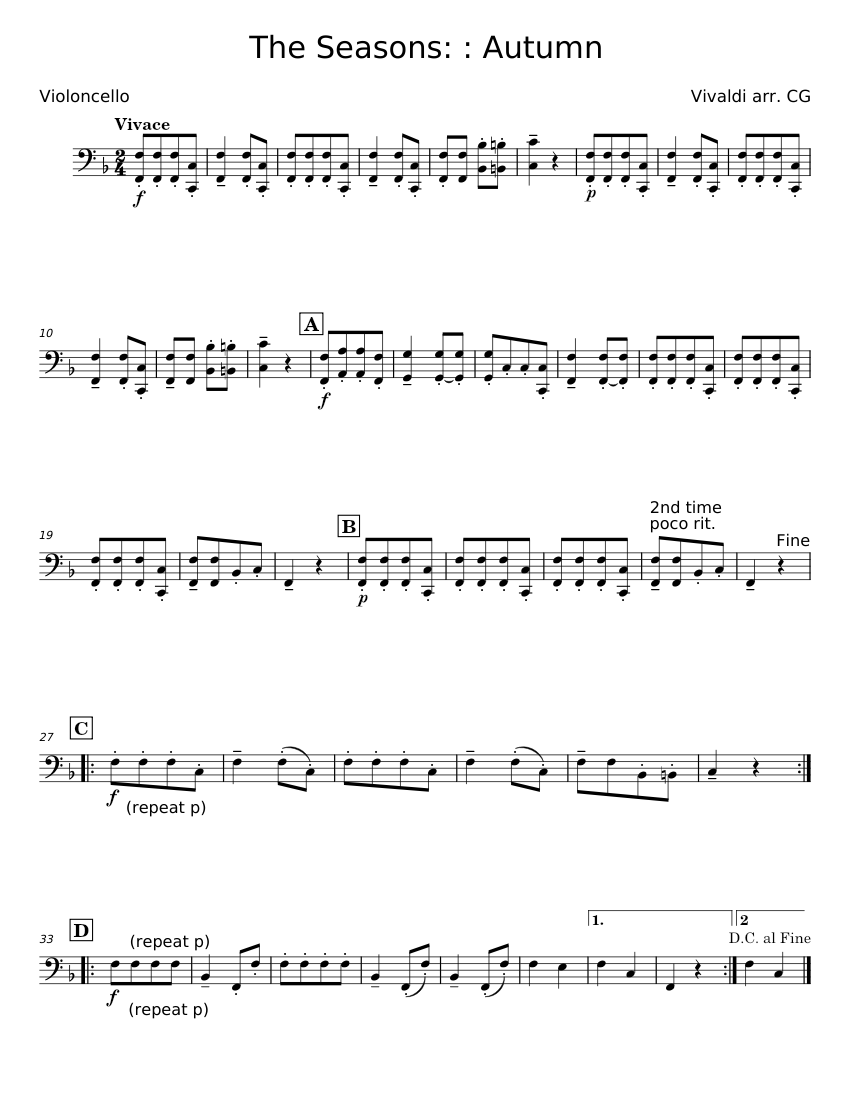 The four seasons - autumn - Antonio Vivaldi Sheet Music for Cello (Solo ...