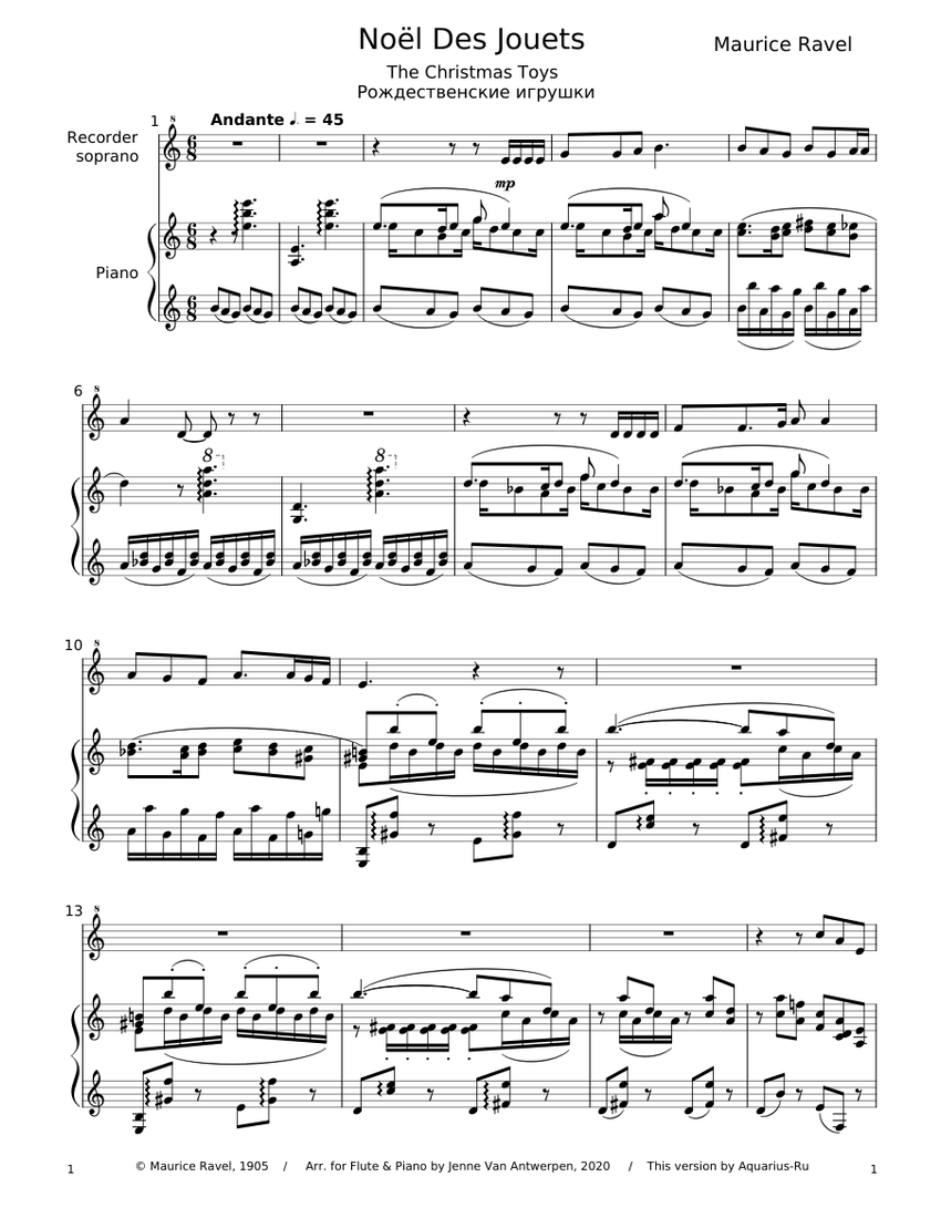 Ravel – «The Christmas Toys» for Recorder & Piano Sheet music for Piano,  Recorder (Mixed Duet) | Musescore.com