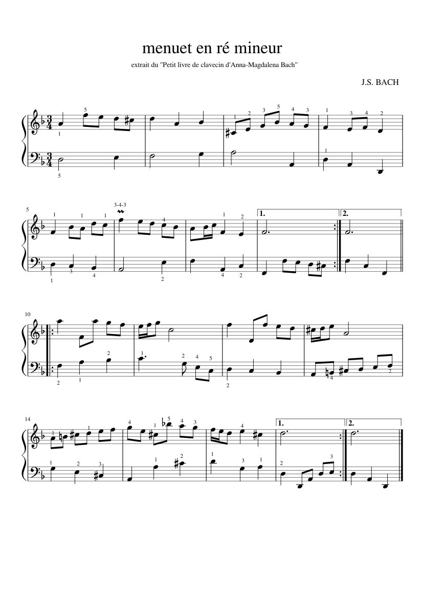 menuet en ré mineur, Bach Sheet music for Piano (Solo) | Musescore.com