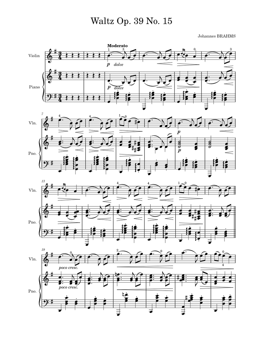 Waltz Op. 39 No. 15 (Suzuki 2) – Johannes Brahms Sheet music for Piano,  Violin (Mixed Duet) | Musescore.com