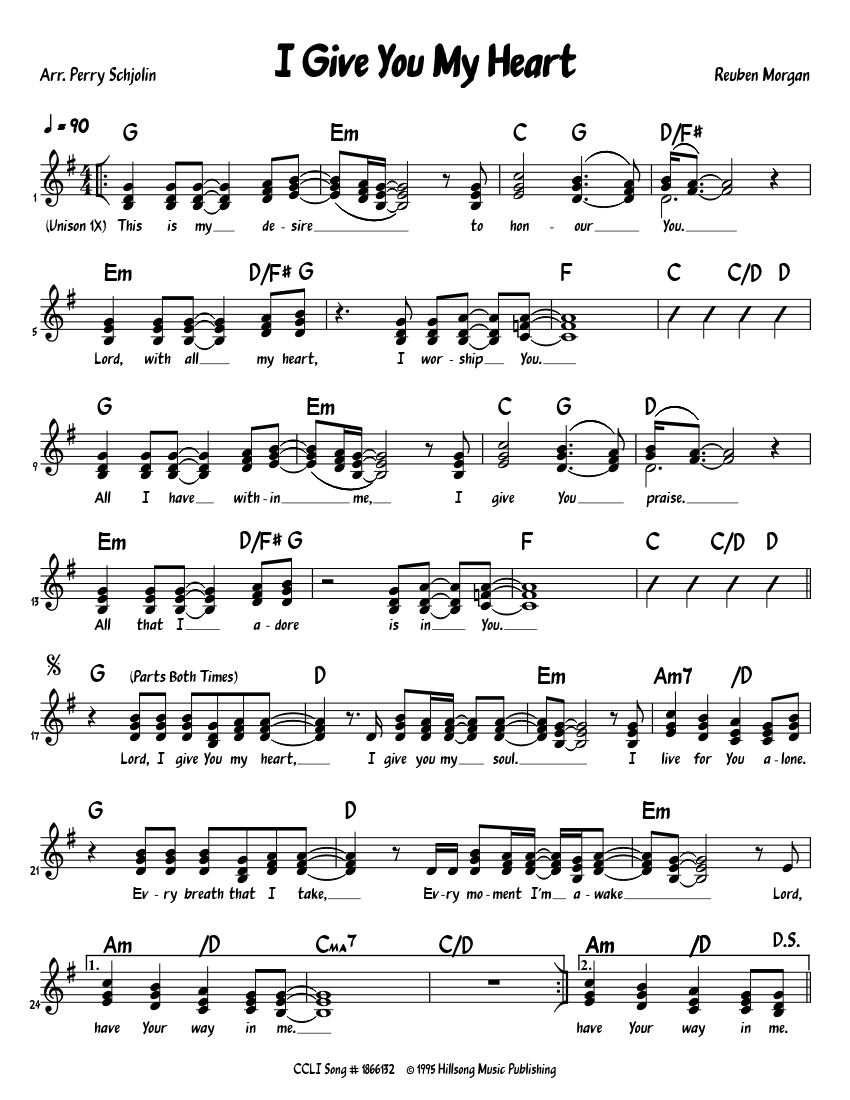 I Give You My Heart Sheet Music with Chords for Piano (Solo) easy