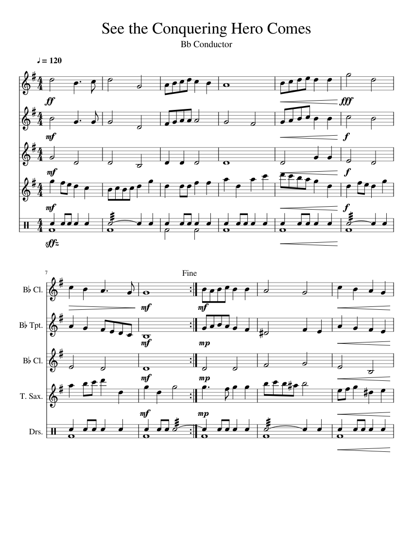 See the Conquering Hero Comes Sheet music for Clarinet in b-flat, Saxophone  tenor, Trumpet in b-flat, Drum group (Mixed Quintet) | Musescore.com