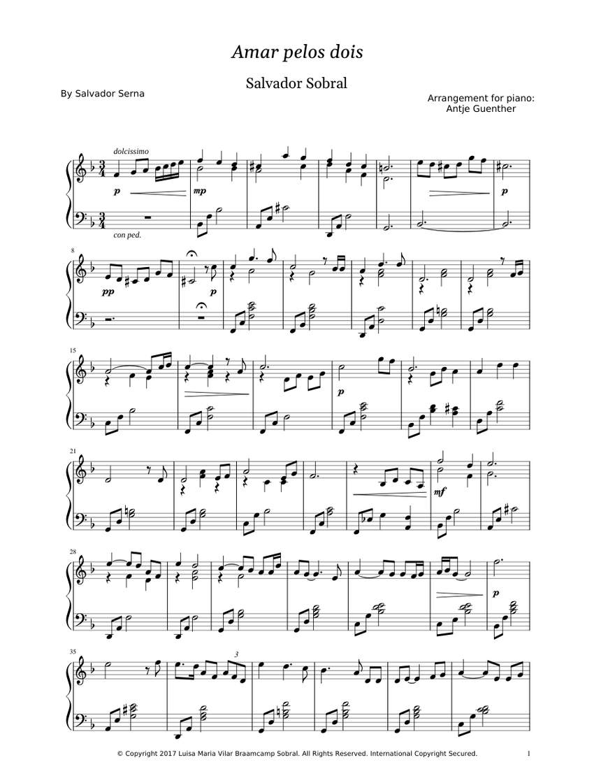 Salvador Sobral - Amar Pelos Dois - arrangement for solo piano Sheet ...