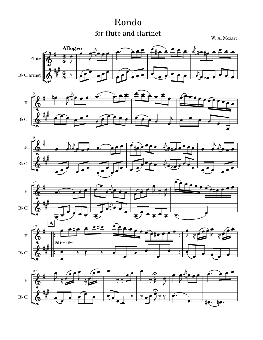 Rondo – Wolfgang Amadeus Mozart Rondo for Flute and Clarinet - W.A. Mozart  Sheet music for Flute, Clarinet in b-flat (Woodwind Duet) | Musescore.com