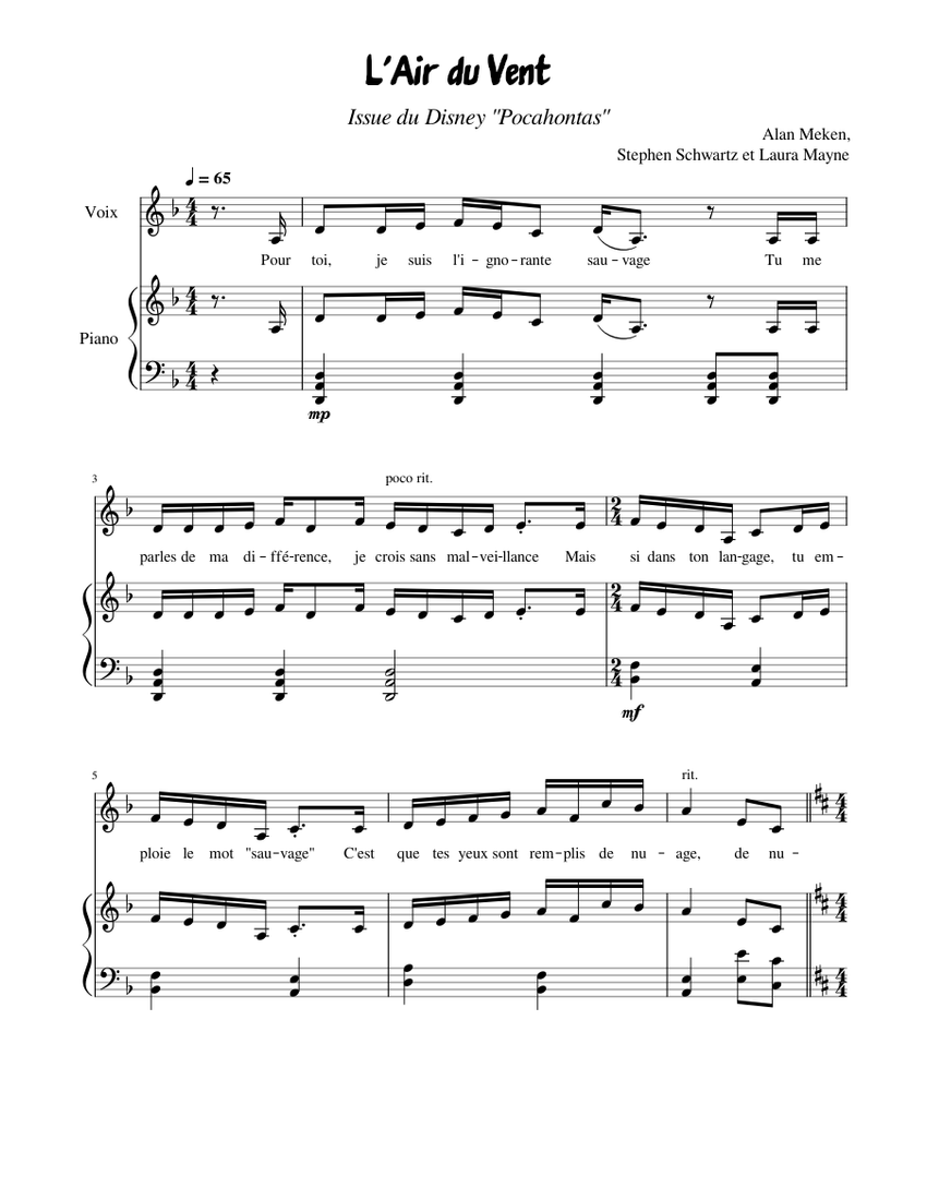 L'air du Vent - Pocahontas Sheet music for Piano, Violin (Piano-Voice)