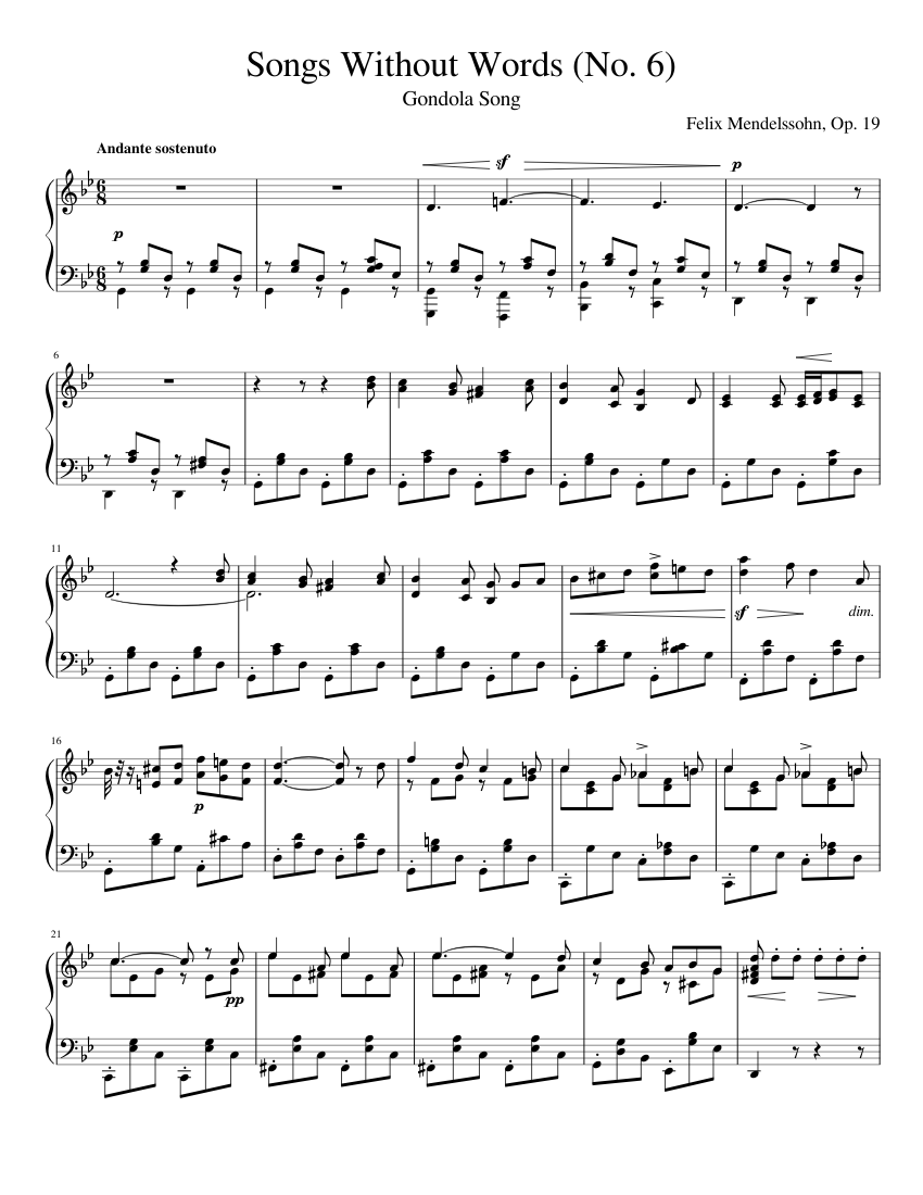 Mendelsshon Songs Without Words (No. 6) Piano solo Sheet music for Piano  (Solo) | Musescore.com