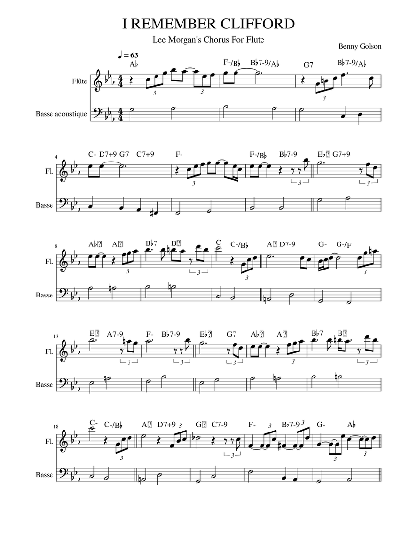 I REMEMBER CLIFFORD Lee Morgan Chorus in C + Bass Sheet music for Flute,  Bass guitar (Solo) | Musescore.com