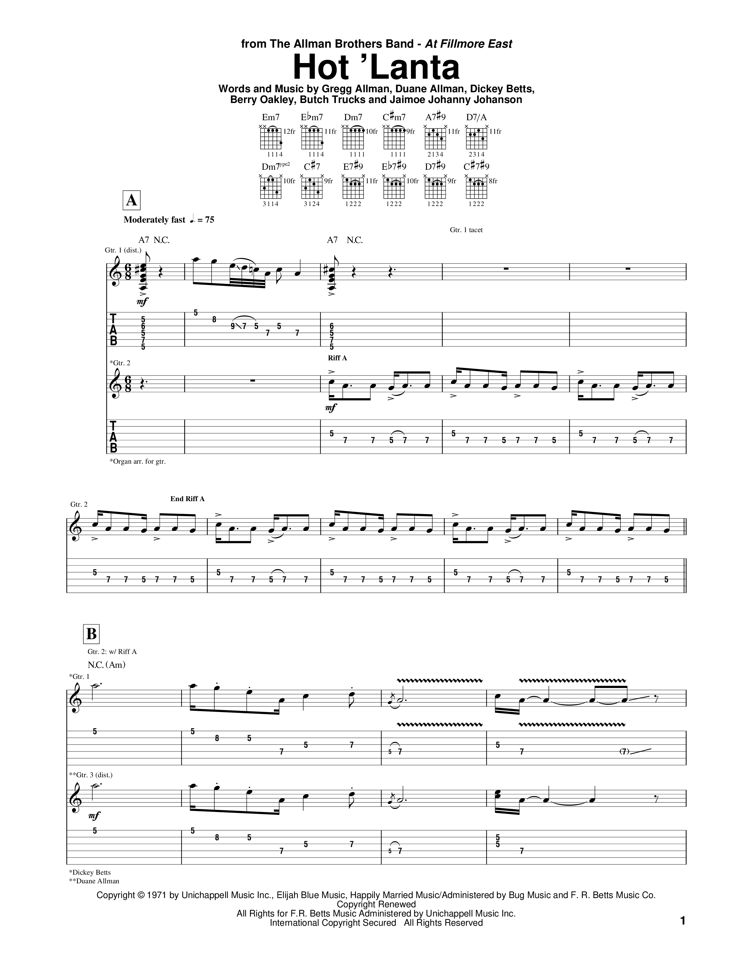 Play Official version of Hot lanta Sheet Music by The Allman