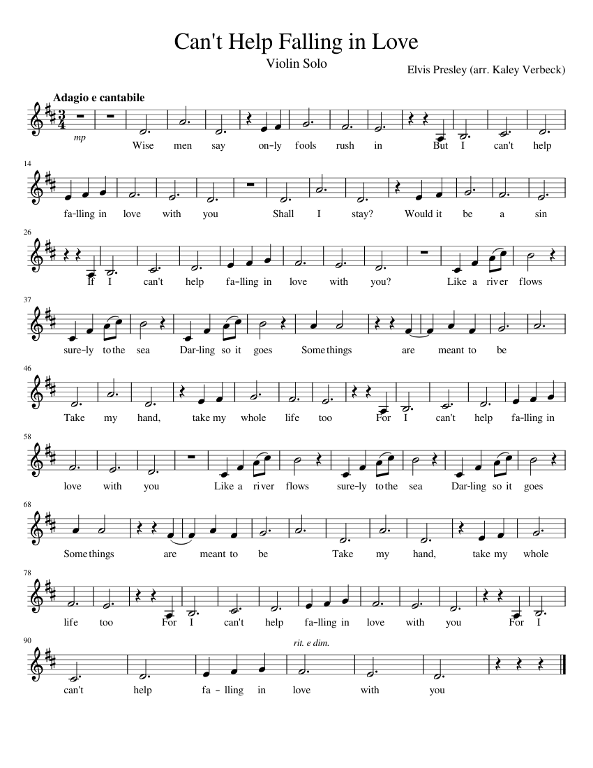 Can T Help Falling In Love Violin Solo Sheet Music For Violin Solo Musescore Com