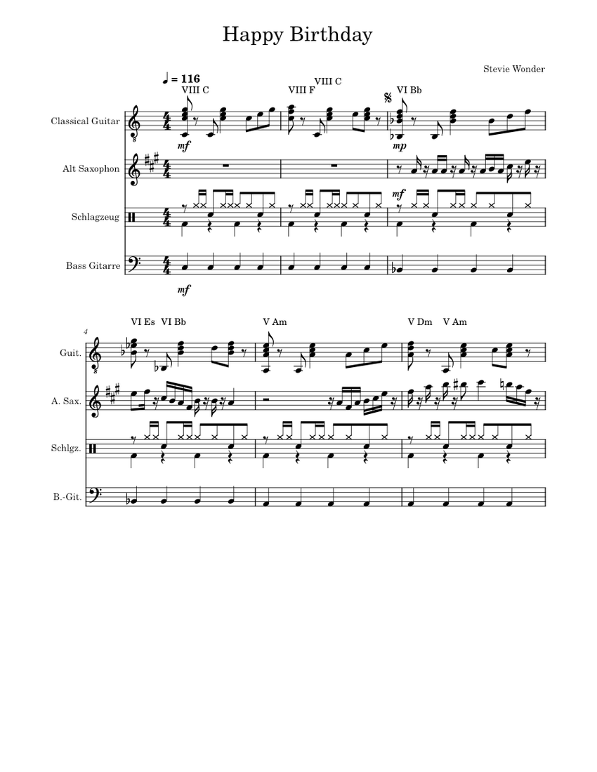Happy Birthday – Stevie Wonder Sheet music for Saxophone alto, Guitar, Bass  guitar, Drum group (Mixed Ensemble) | Musescore.com