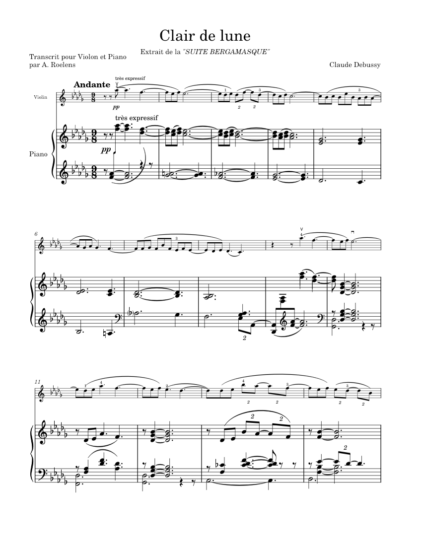 Clair de lune – Claude Debussy Sheet music for Piano, Violin (Mixed Duet) |  Musescore.com