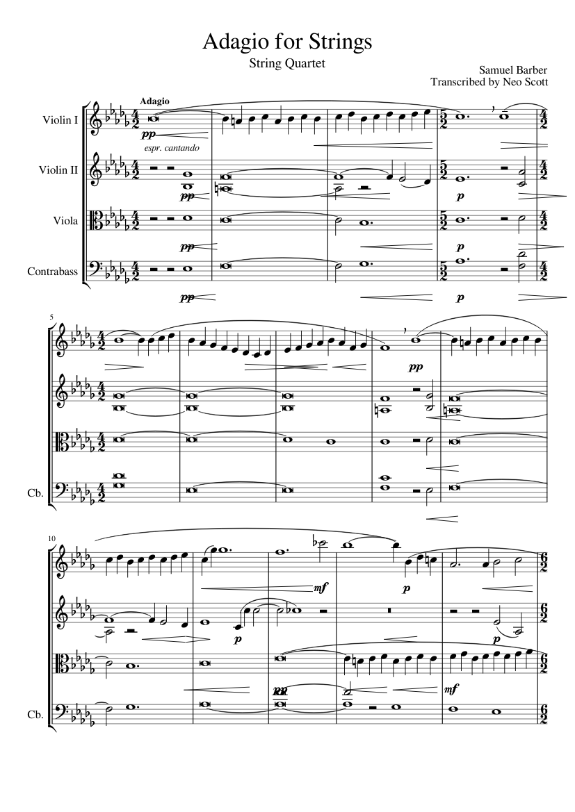 Adagio for Strings - String Quartet (With Double Bass) Sheet music for ...