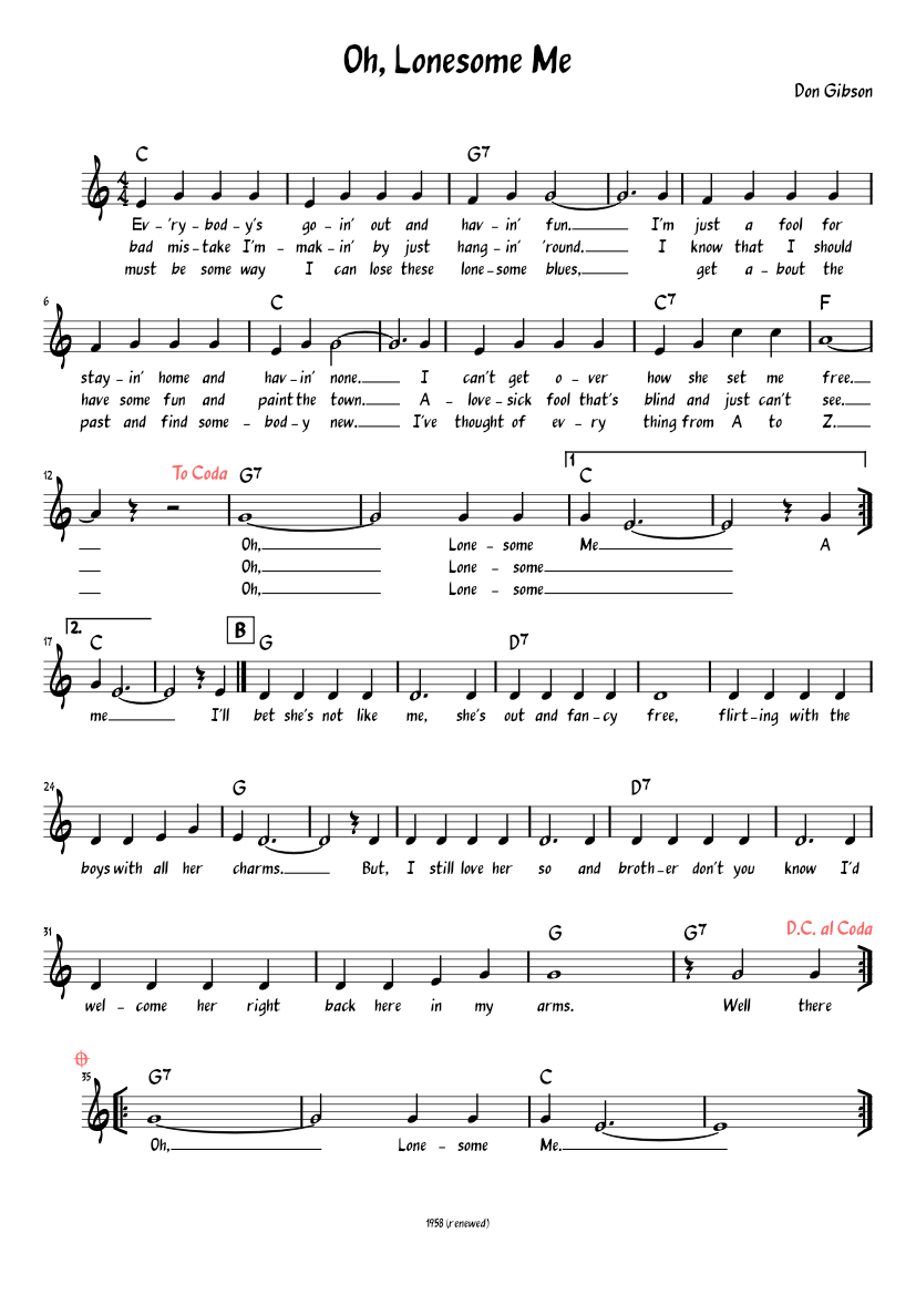 Oh, Lonesome Me (Lead sheet with lyrics ) Sheet Music with Chords for ...