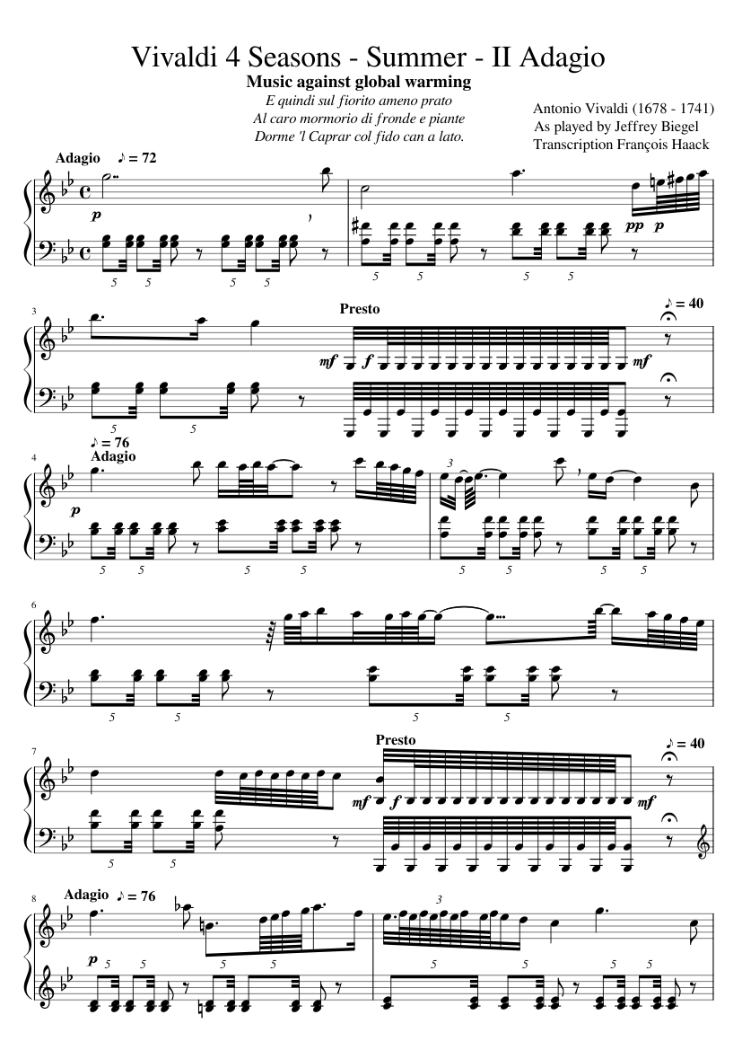Vivaldi's The Four Seasons - Summer - Adagio for piano Sheet music for ...