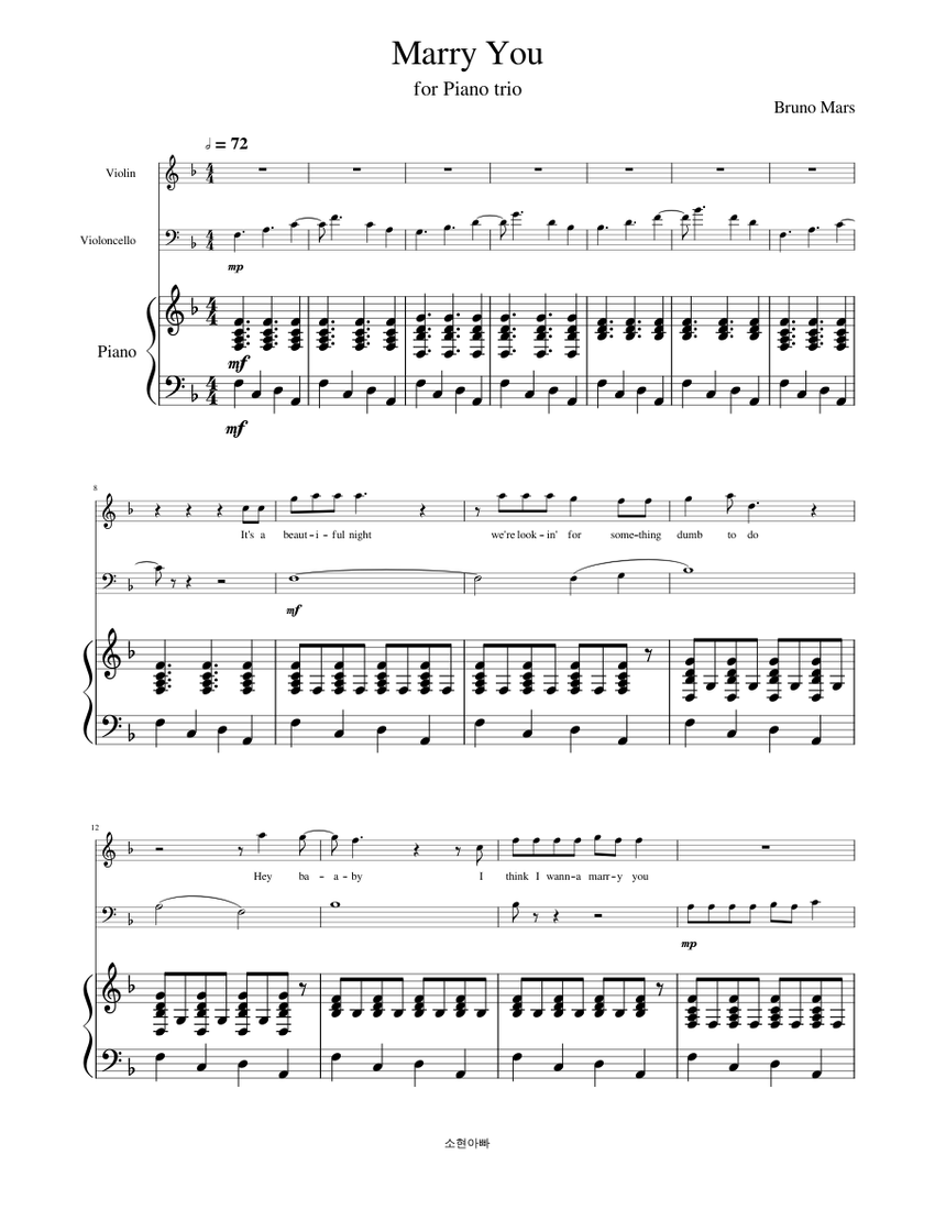 Marry You - Bruno Mars Sheet music for Piano, Violin, Cello (Piano Trio) |  Musescore.com