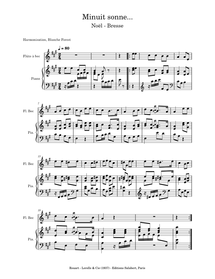 Minuit sonne.. Sheet music for Piano, Recorder (Solo)