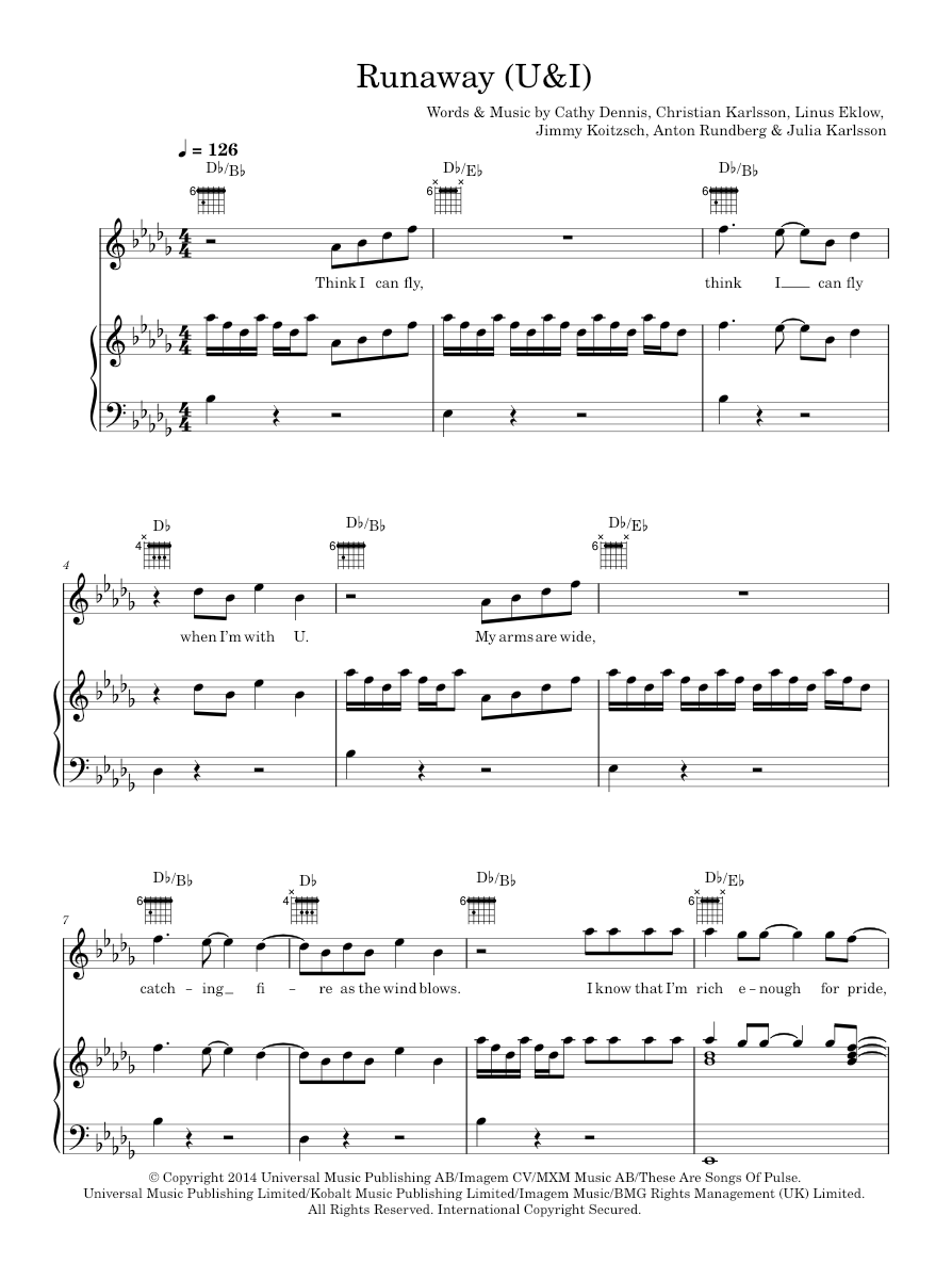 Runaway (u & I) Sheet Music For Piano, Vocals By Galantis Official 