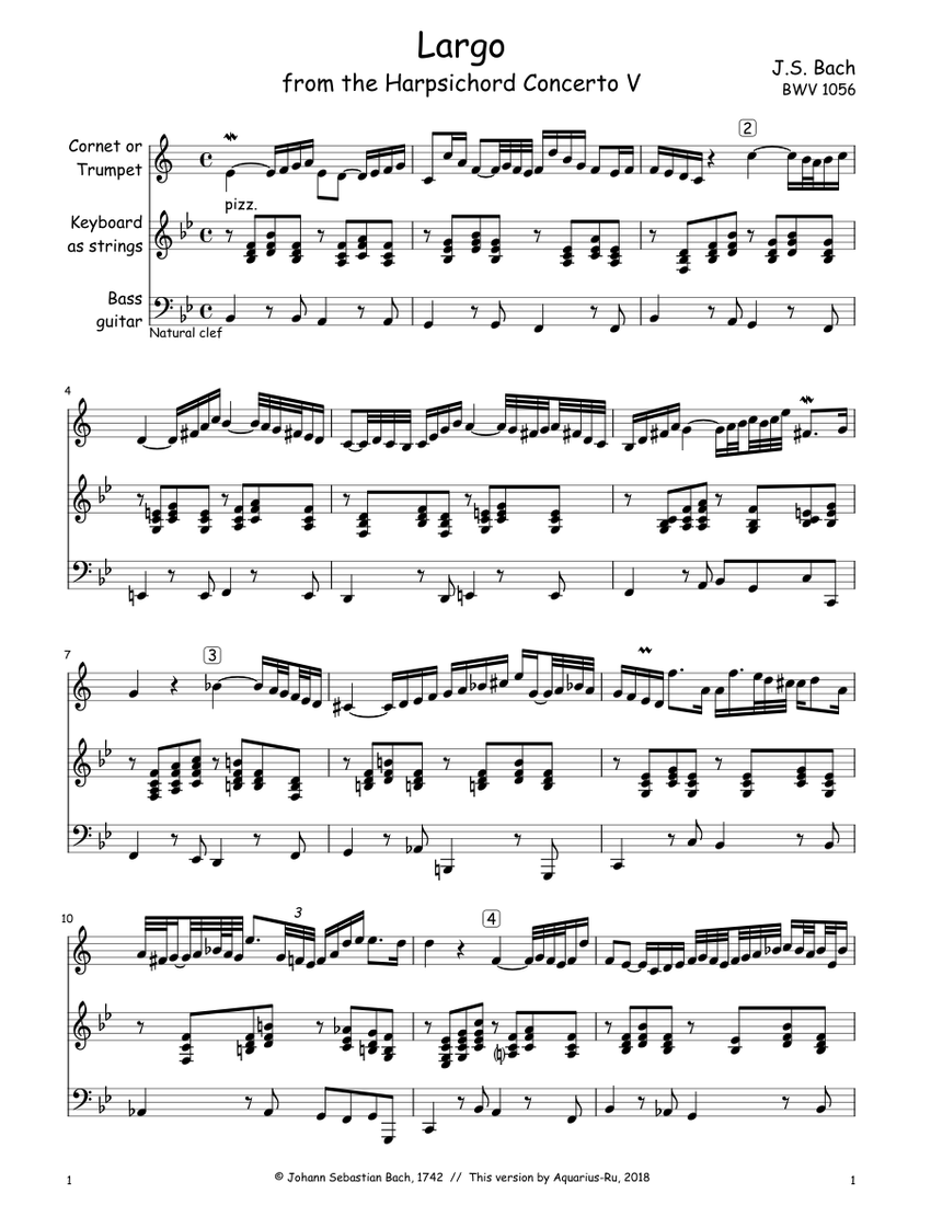 J.S. Bach – Largo from The Harpsichord Concerto №5 – for Trumpet Sheet music  for Trumpet in b-flat, Violin, Bass guitar (Mixed Trio) | Musescore.com