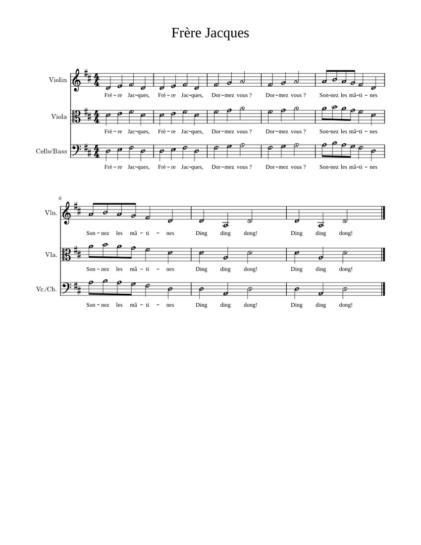 Frère Jacques Sheet music for Violin, Viola, Cello (Solo) | Musescore.com