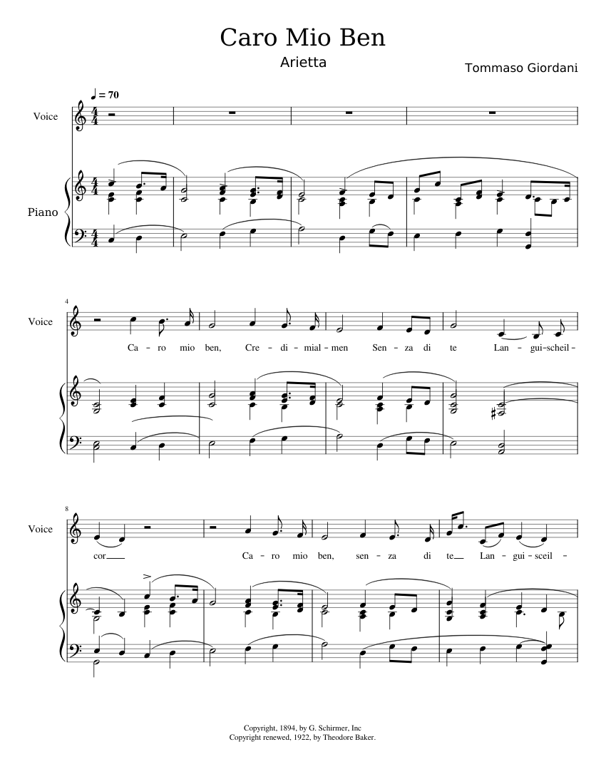 Caro Mio Ben Alto Bass Solo Sheet music for Piano (Piano Duo) |  Musescore.com