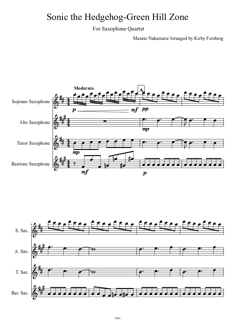 Partitura Sax Alto  Sonic the Hedgehog - Green Hill Zone 