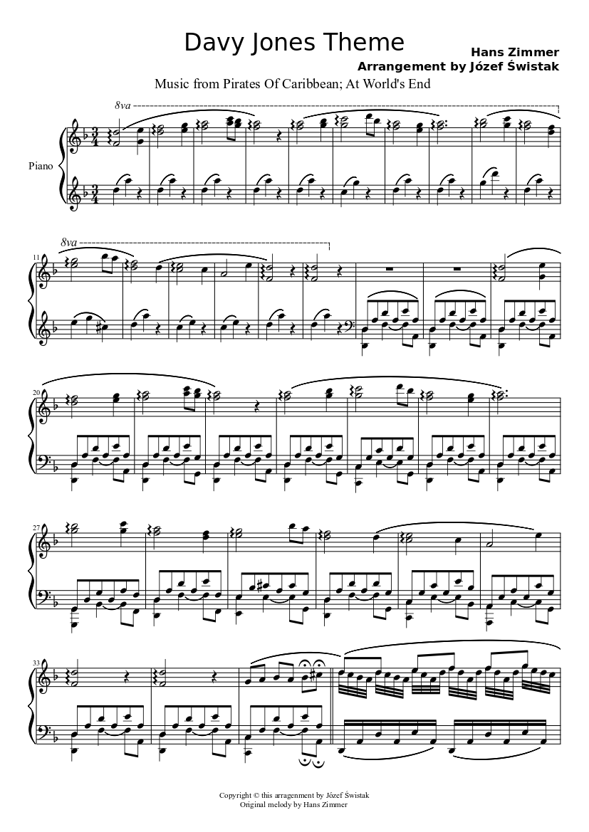 Davy Jones Theme - Virtuosic Piano Cover by Józef Świstak Sheet music for  Piano (Solo) | Musescore.com