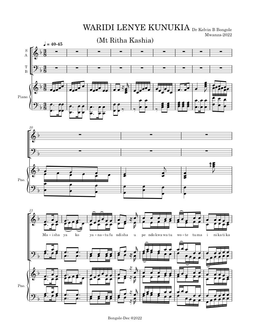 Mt Ritha Mt Ritha Kashia (Waridi lenye kuvutia)-Dr K B Bongole Sheet music for ...