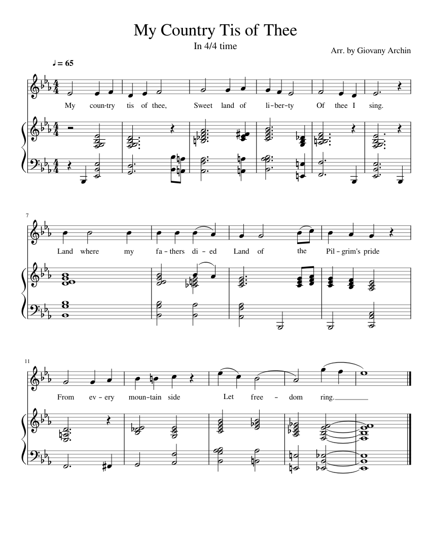 My Country Tis of Thee Sheet Music for Piano, Vocals (Piano-Voice